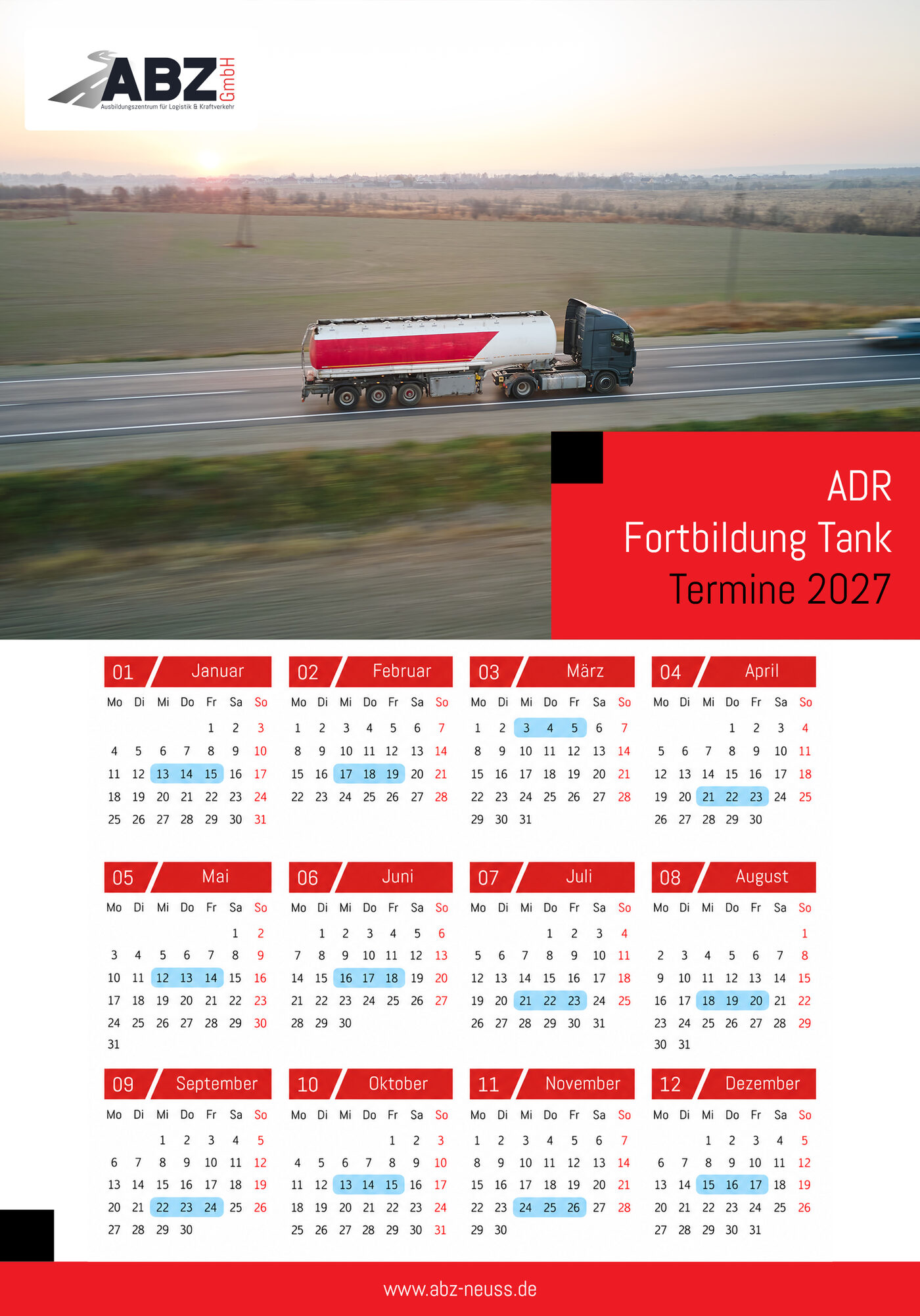 Terminkalender für ADR Aufbaukurs Tank bei der ABZ GmbH